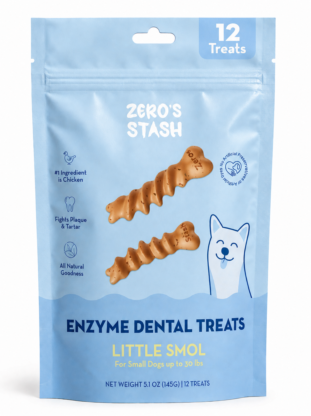 Package of Zero's Stash enzyme dental treats for small dogs on a white background
