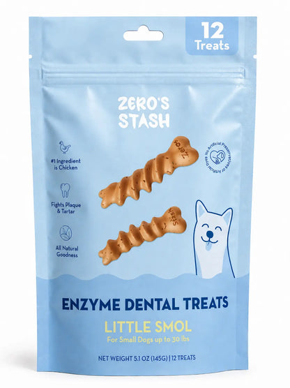 Package of Zero's Stash enzyme dental treats for small dogs on a white background