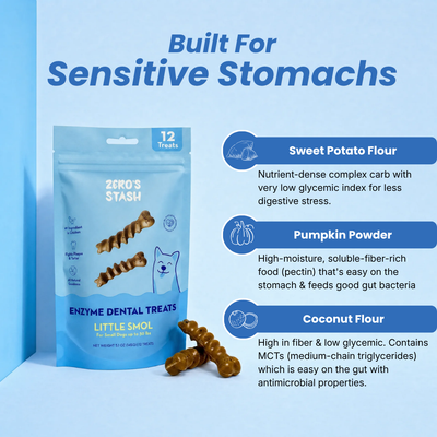 A package of 26K's Stash Enzyme Dental Treats for sensitive stomachs, shown alongside loose brown spiral-shaped treats on a light blue background with descriptive text callouts.