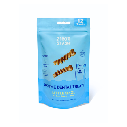 A light blue stand-up pouch of Zero's Stash Enzyme Dental Treats for small dogs, featuring illustrations of two brown spiral-shaped treats and a blue dog outline on a white background.