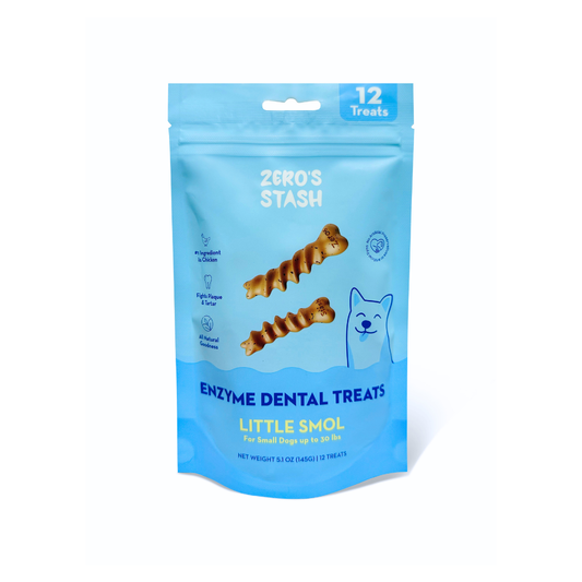 A light blue stand-up pouch of Zero's Stash Enzyme Dental Treats for small dogs, featuring illustrations of two brown spiral-shaped treats and a blue dog outline on a white background.