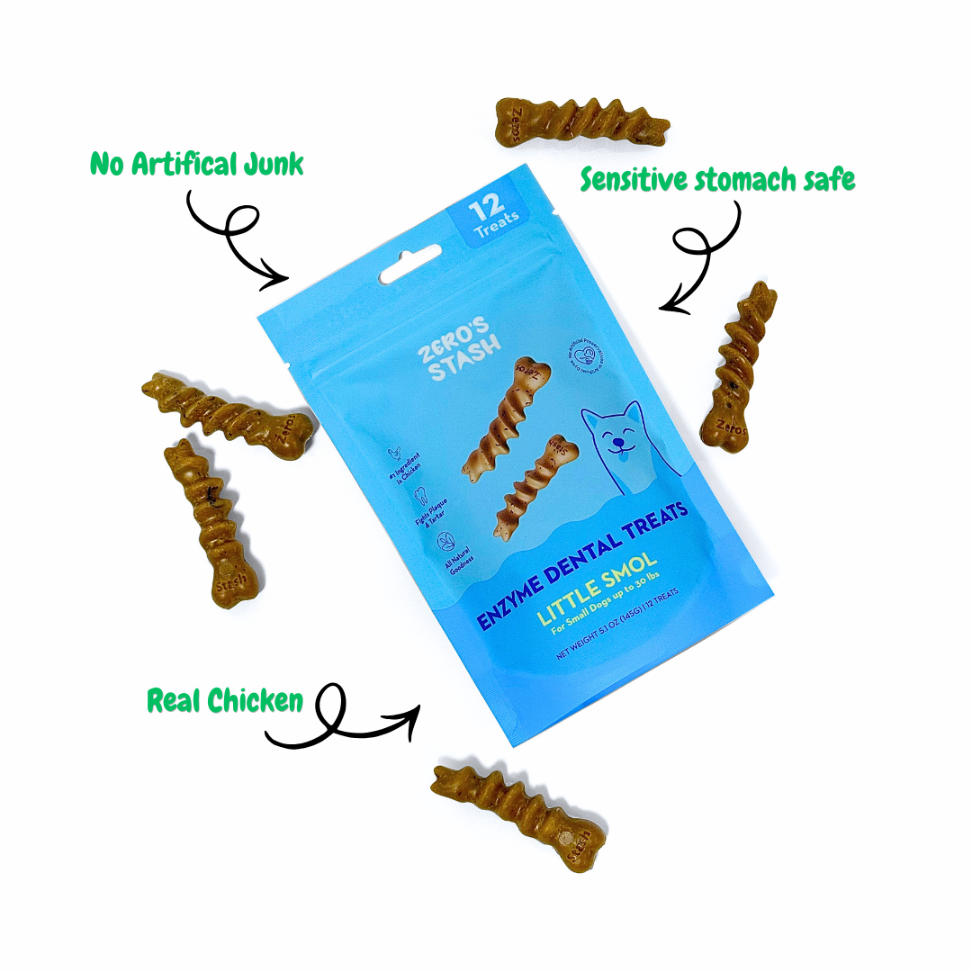 A package of Zero's Stash Little Smol enzyme dental treats surrounded by four loose brown spiral-shaped treats on a white background, with green text callouts reading 'No Artificial Junk,' 'Sensitive stomach safe,' 'Real Chicken,' and '12 treats.'.
