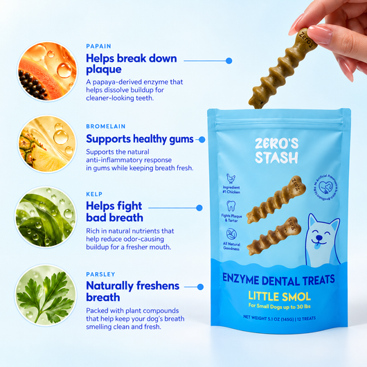 A blue pouch of Zero's Stash Little Smol Enzyme Dental Treats is shown next to a hand holding a treat, with four benefit callouts on the left: Papain, Bromelain, Kelp, and Parsley. The background is a soft light blue gradient.