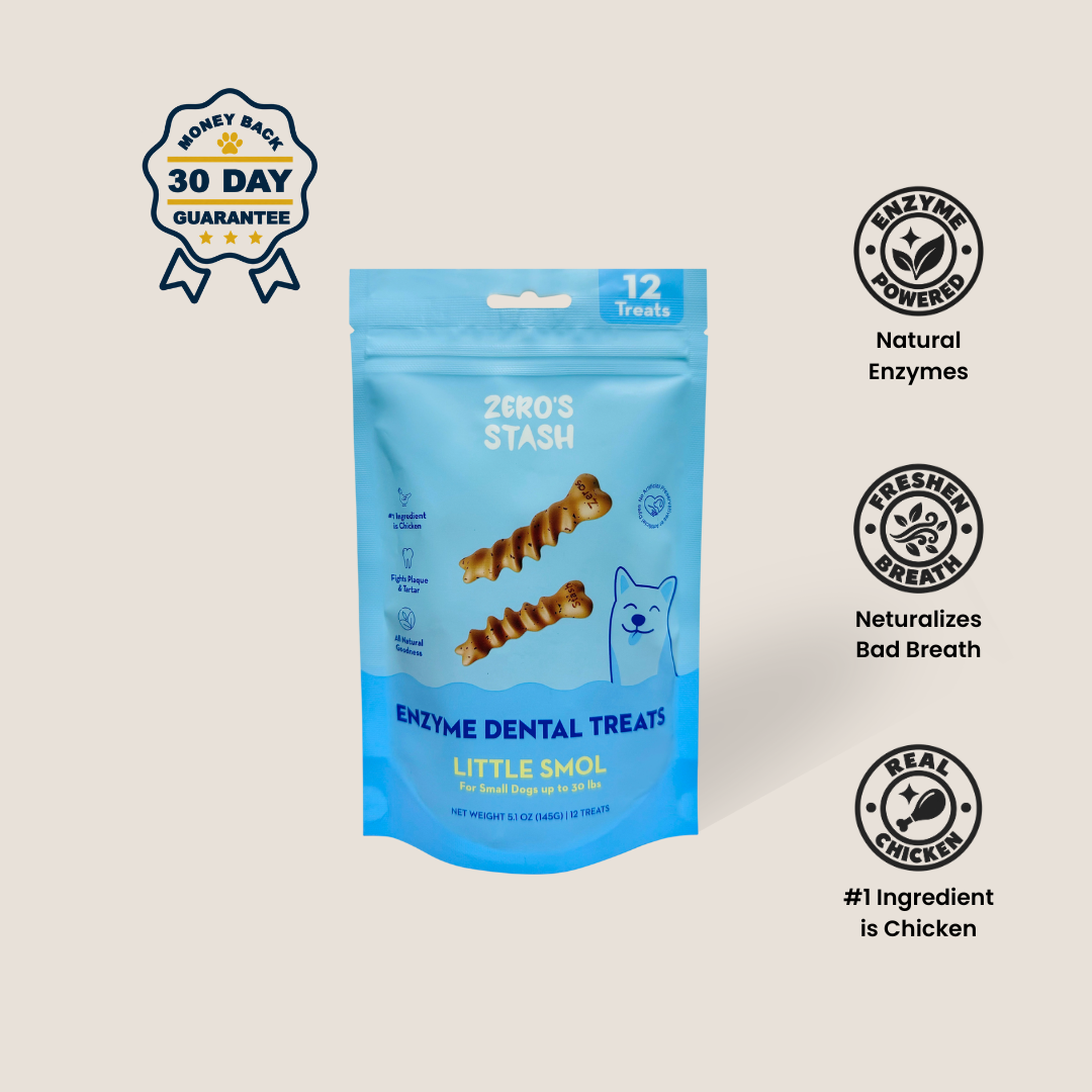 A blue stand-up pouch of Zero's Stash Enzyme Dental Treats for dogs, shown on a light beige background with promotional badges and feature icons. The packaging features illustrations of two dental treats and a small blue dog silhouette.
