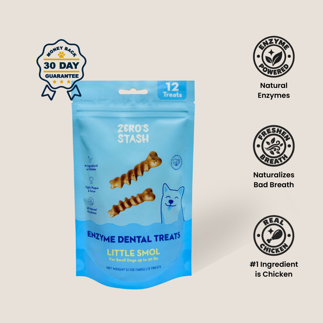 A blue stand-up pouch of Zero's Stash Enzyme Dental Treats for Little Smol dogs, shown on a light beige background with feature callouts and a 'Best of Pet 30 Day Guarantee' badge.