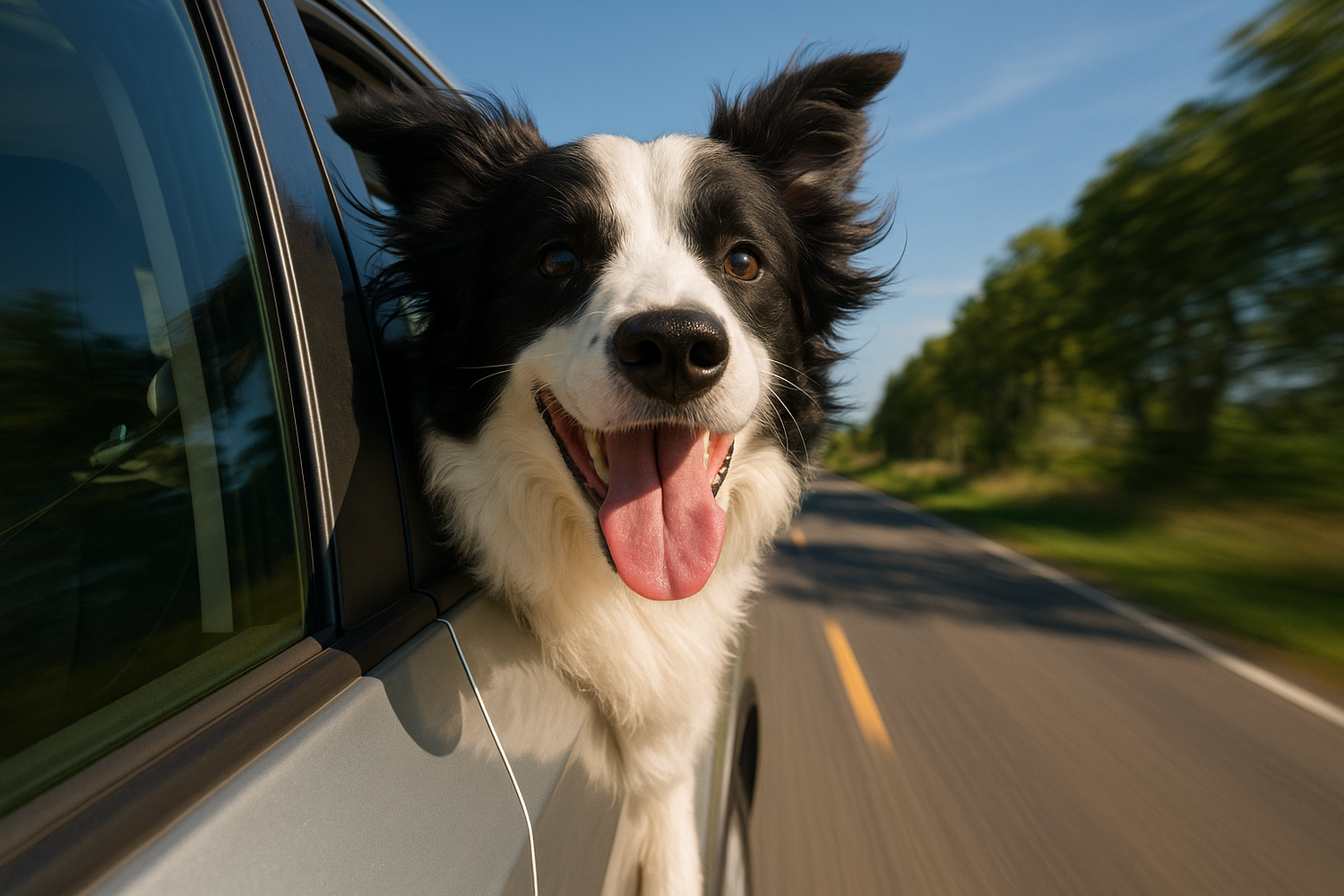 a border collie with head sticking out of a car window