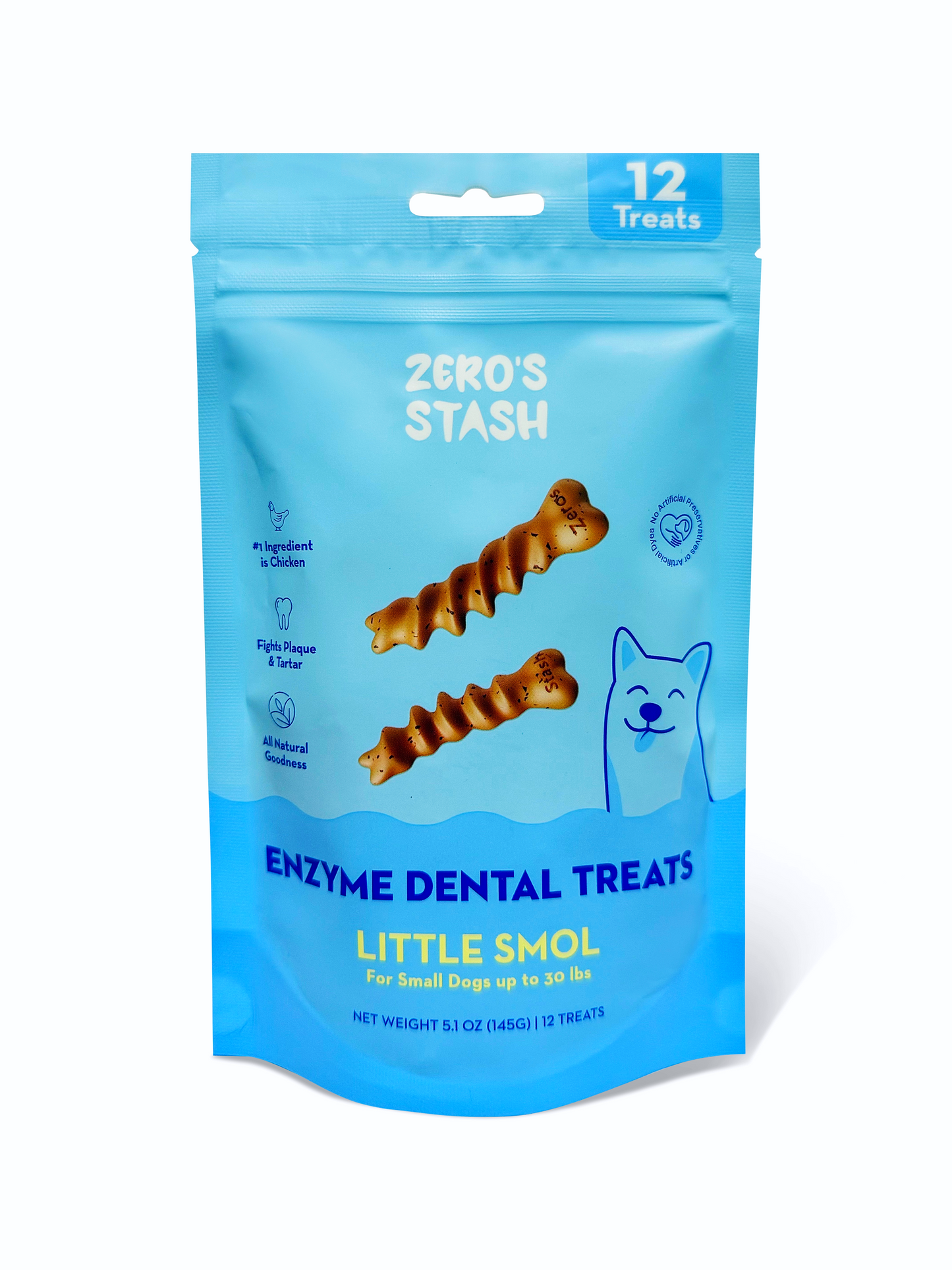 Package of Zero's Stash Enzyme Dental Treats for dogs on a white background