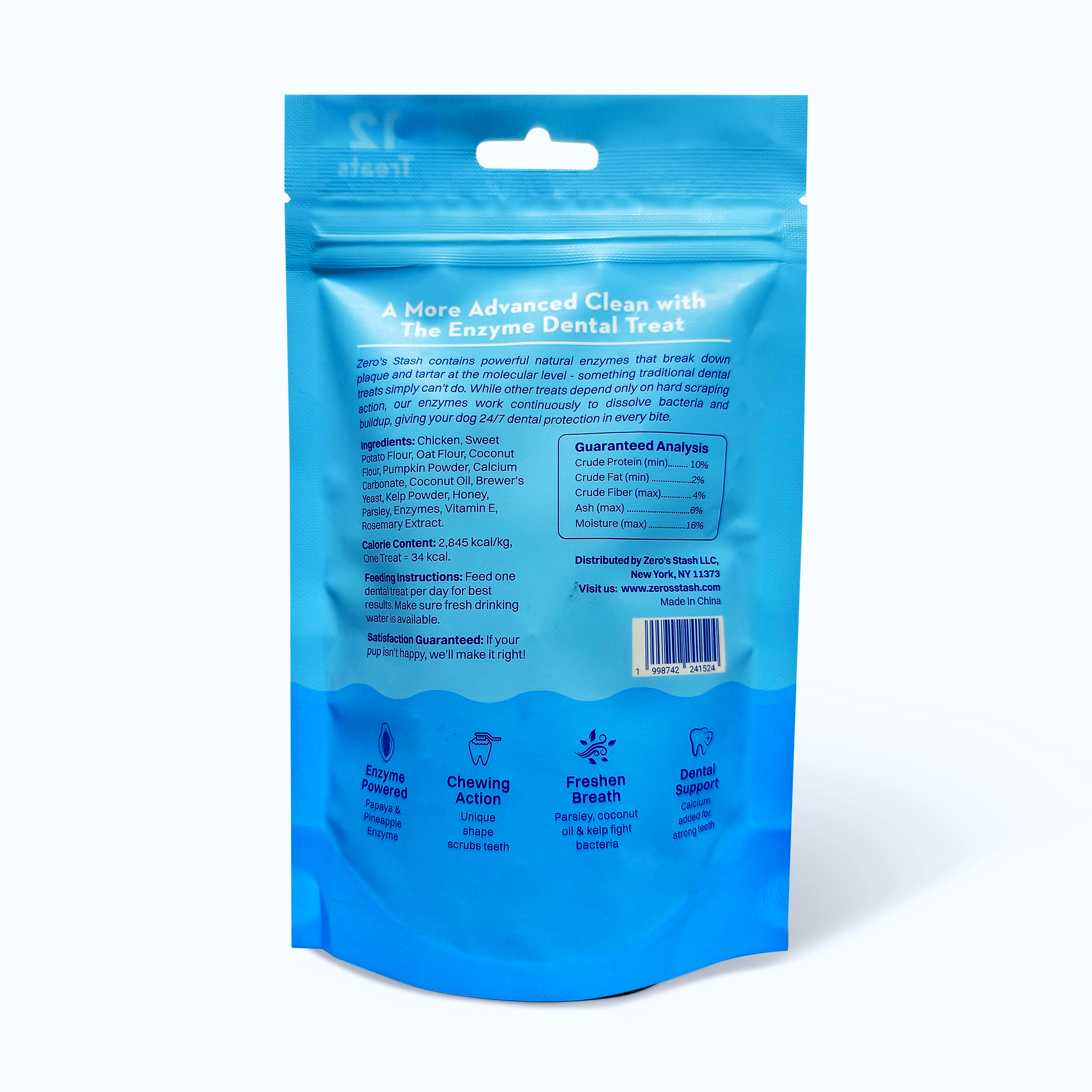 Zero's Stash dental treat packaging back panel