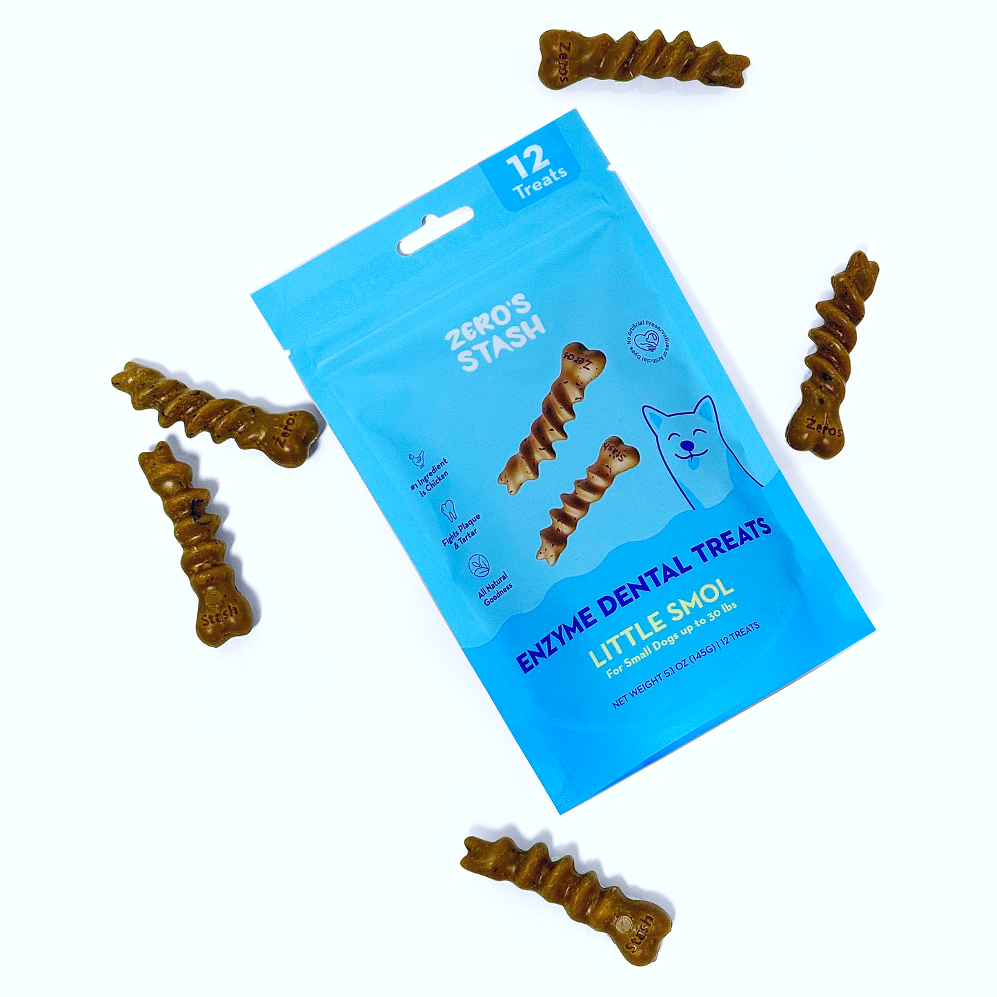 Dog enzyme dental treats with a blue packaging labeled 'Zeros Stash' on a white background.
